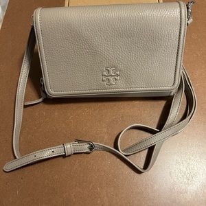 Tory Burch Thea Foldover Crossbody Wallet Leather Grey